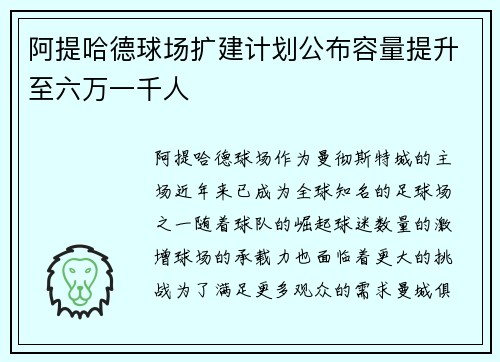 阿提哈德球场扩建计划公布容量提升至六万一千人